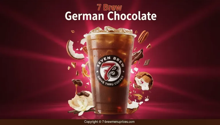 7 Brew German Chocolate hot, iced and blended in a 7 Brew cup – espresso with chocolate, caramel and coconut syrup