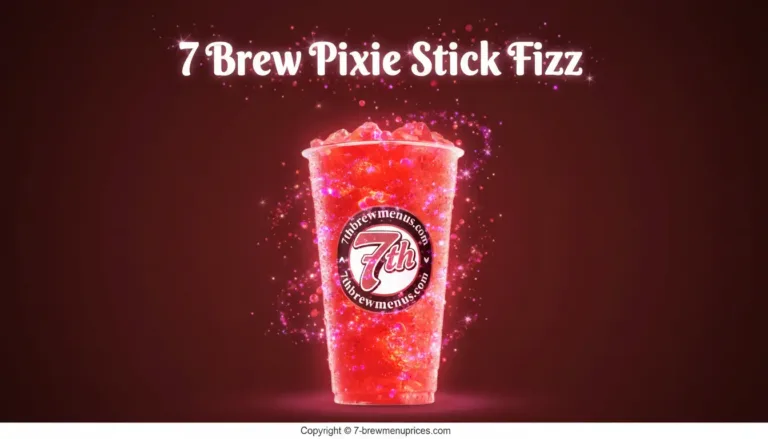 7 Brew Pixie Stick Fizz – colorful caffeine-free sparkling soda with pomegranate, orange, and almond flavors served in a vibrant 7 Brew cup