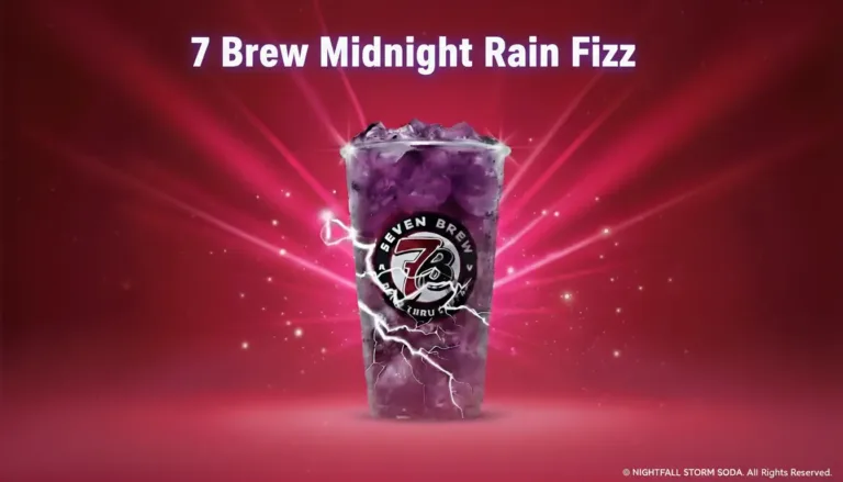 7 Brew Midnight Rain Fizz with blackberry blue raspberry sparkling fizz drink in a clear cup