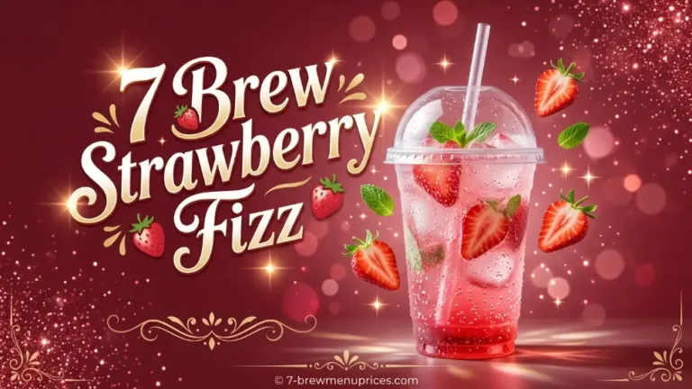 7 Brew Strawberry Fizz served over ice in a 7 Brew cup – caffeine-free sparkling strawberry soda with optional cream topping